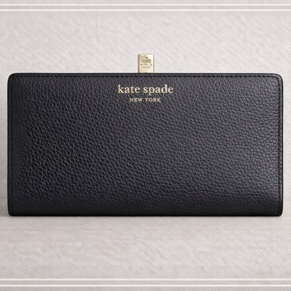 Kate Spade Black Pebbled Leather Slim Wallet Gold Logo Classic